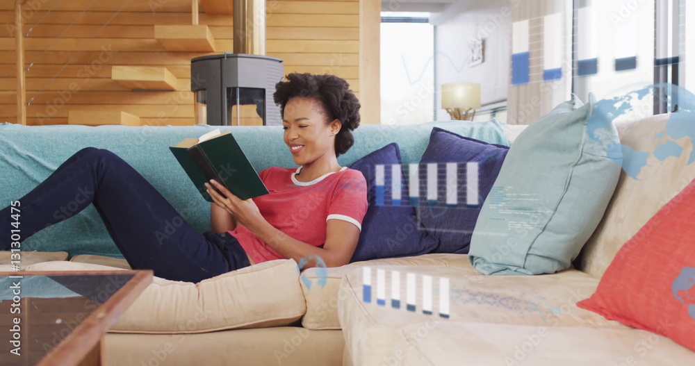 Poster reading book on couch, woman with data processing image over