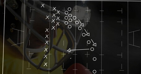 Football strategy diagram image over close-up of player holding ball