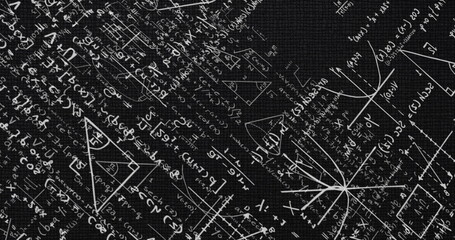 Mathematical equations and geometric shapes image over black background