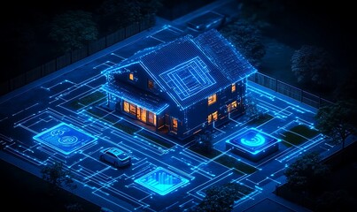 Smart Home Network System Aerial View at Night