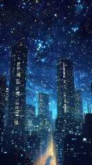 Tall buildings illuminated at night under a starry sky landscape