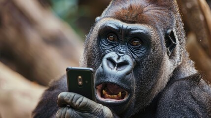 Obraz premium A gorilla curiously examining a smartphone in a natural habitat, surrounded by lush greenery and tree branches
