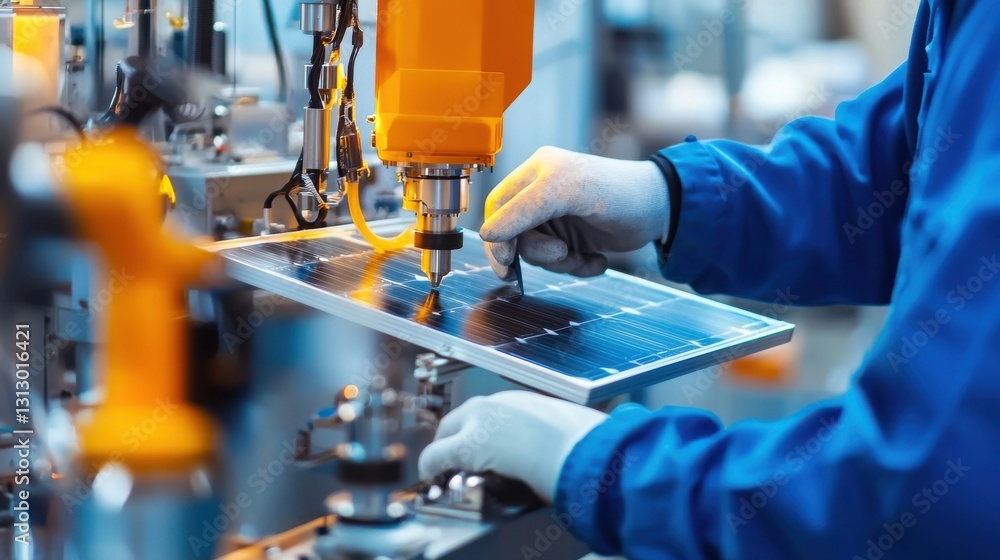 Poster a man is working on a solar panel with a machine