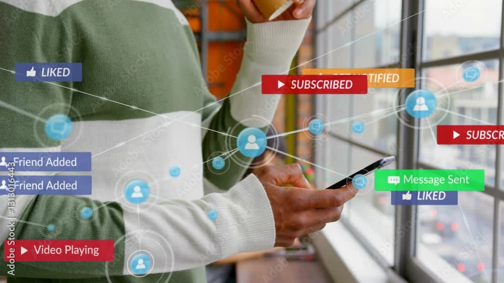 Poster using smartphone in school, person viewing animation of social media notifications
