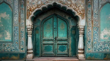 Obraz premium Ornate turquoise doors framed by intricate architectural details in a historic structure.