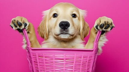 Adorable Golden Retriever Puppy in Pink Basket