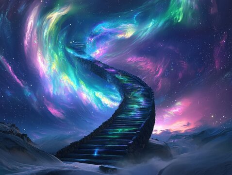 Fototapeta A stairway to the stars leads from snowy mountains into a colorful nebula in a fantastical landscape. A pathway to dreams and cosmic wonder.