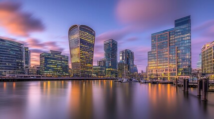 Obraz premium Cityscape at dawn, modern buildings reflected in calm water.