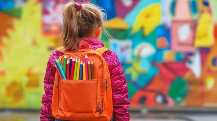 Obraz premium Vibrant orange schoolbag with colorful school supplies on playground background – kids’ backpack packed with pencils, books, and essentials for back to school and child education