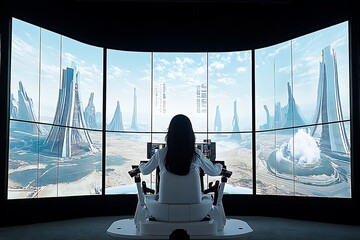 Woman Pilot Controls Futuristic Spaceship with Panoramic View of Alien Planet