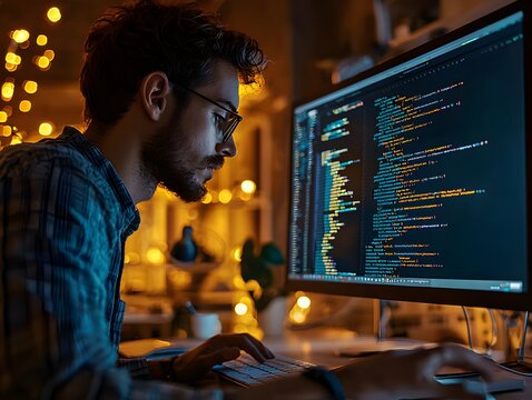 Dedicated developer working on computer to create innovative ai algorithms in a modern tech environment with focus