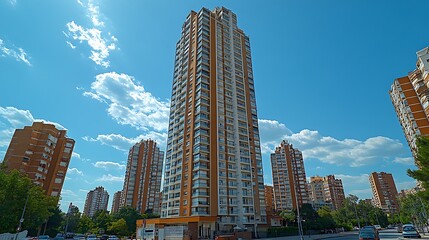 Tall Beige Residential Tower Among Other Buildings Under Sunny Sky