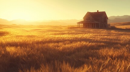 Abandoned farmhouse in golden sunset field.