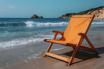 Tan Wooden Folding Chair on Sandy Beach with Blue Ocean Waves