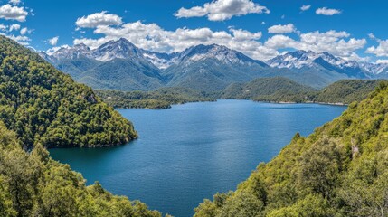 Obraz premium Serene mountain lake surrounded by lush greenery and majestic peaks under a blue sky