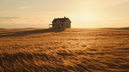 Fototapeta premium Lonely farmhouse on a golden field at sunset.