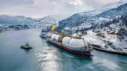 A LNG tanker navigating through a snowy landscape with a tugboat nearby.
