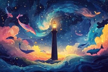 A luminous lighthouse amidst a swirling starry sky and whale forms