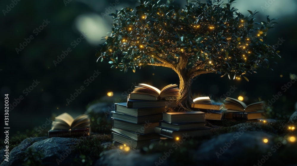 Poster a tree with books on top of it