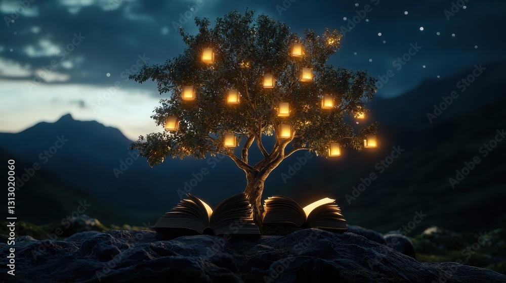 Poster a tree with many lights on it is surrounded by books