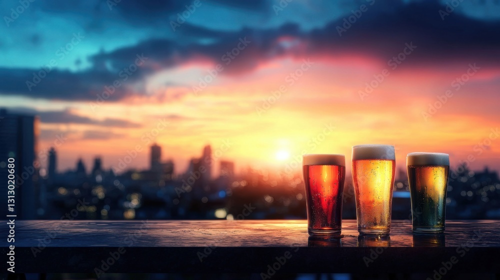 Poster three glasses of beer are on a table with a beautiful sunset in the background