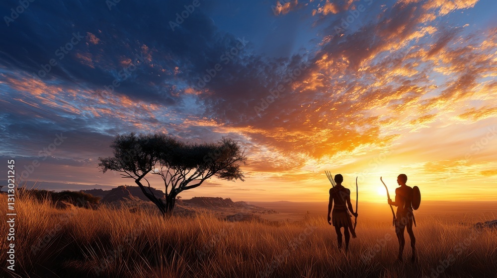 Poster Two people are standing in a field with a tree in the background