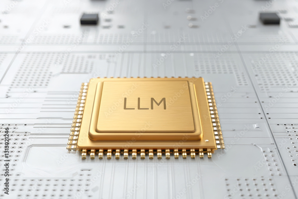 Poster large language model - llm, golden microchip with llm inscription on circuit board background