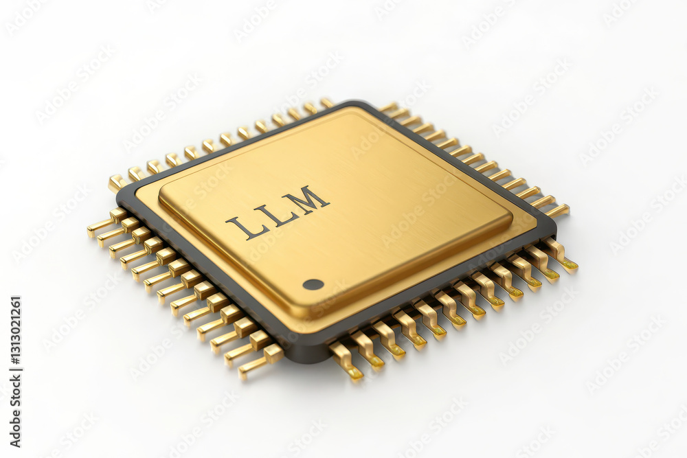 Poster large language model - llm, golden microchip with llm inscription, showcasing intricate design and t