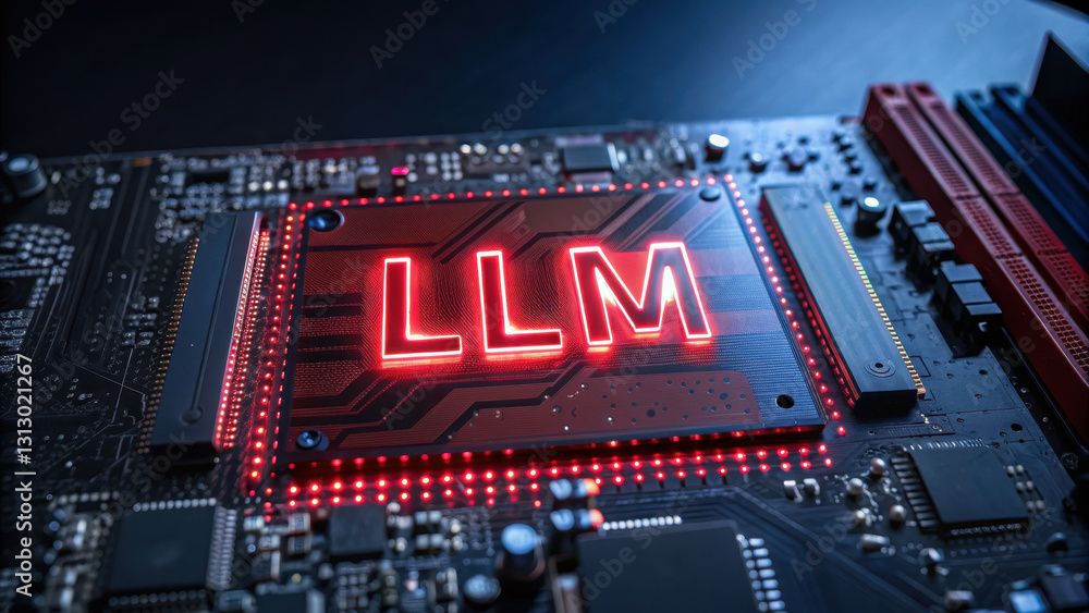 Poster large language model - llm, high tech circuit board with glowing llm letters and integrated componen