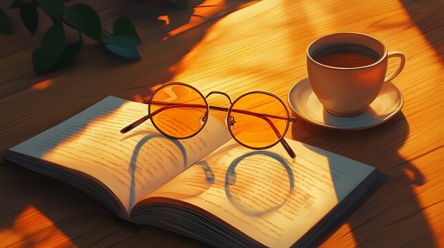 Vintage round framed glasses on a wooden desk - Powered by Adobe
