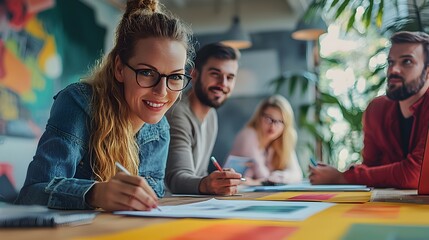 Marketing team strategizing in a virtual workshop while woman smiles and writes ideas on digital device with enthusiasm