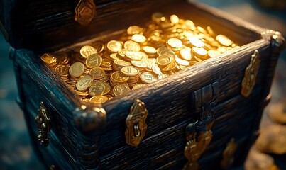 Wooden Chest Overflowing with Golden Coins in Warm Lighting