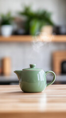 Fototapeta premium Green ceramic teapot with steam on wooden table in modern kitchen