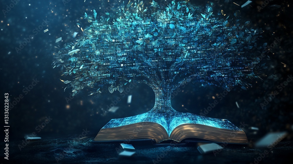 Poster digital wisdom: an open book blooming into a tree of knowledge