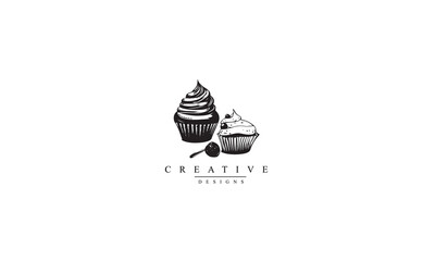 Piece of cake and cupcake vector black icon white background