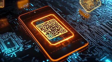 A smartphone glowing with a QR code for secure authentication, surrounded by floating holographic encryption graphics.