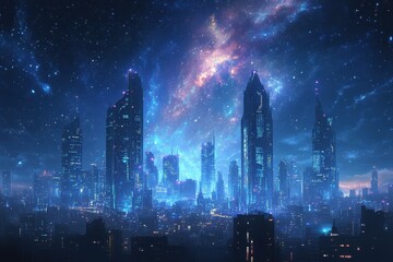 Futuristic City Skyline Underneath A Brilliant Starry Night Sky
