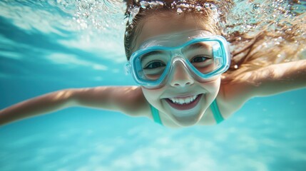 Fototapeta premium A young girl is swimming in a pool wearing goggles and a green swimsuit
