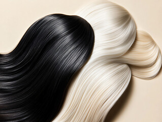 Fototapeta premium Luxurious hair strands black white blonde brown intertwined close up smooth silky texture natural shine beauty advertisement professional salon aesthetic haircare photography macro shot care soft