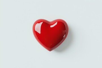 Obraz premium Glossy red heart shape on white background with soft shadow. Clean minimal design element for Valentine's Day, romance, and love concepts.