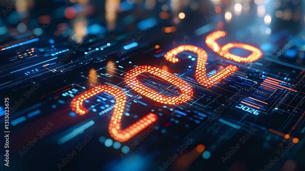 Aufkleber glowing orange 2024 number on circuit board with blue technology background and bokeh lights creates