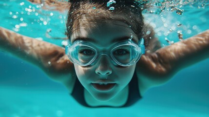 Naklejka premium A young girl is swimming underwater wearing goggles