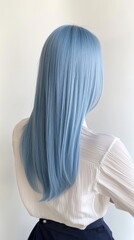 Naklejka premium A woman with long blue hair is wearing a white shirt and blue skirt