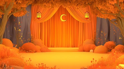 Autumnal Forest Stage with Orange Curtains and Moon