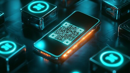 A smartphone glowing with a QR code for secure authentication, surrounded by floating holographic encryption graphics.