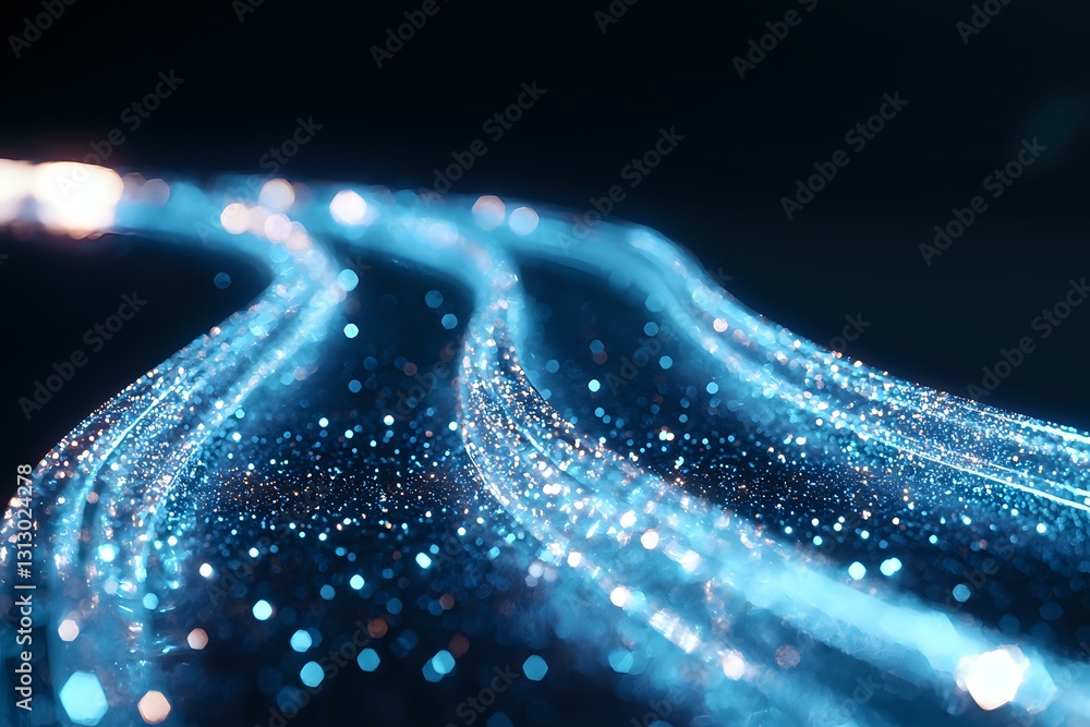 Poster glowing blue light trails with sparkling particles flowing in dark space create magical energy effec