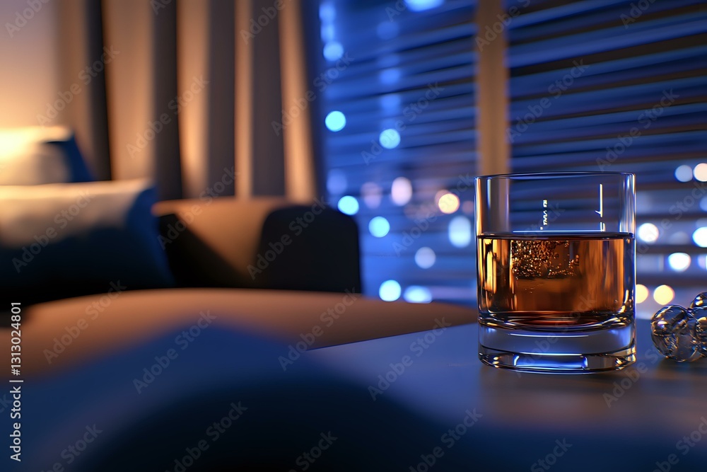 Poster glass of whiskey on table with blurred city lights through window blinds at night, creating moody at