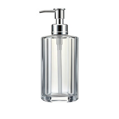 Obraz premium Clear glass soap dispenser with a metallic pump on a white background.