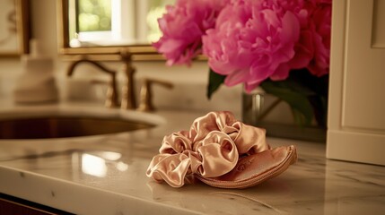 Small Velvet Pouch with Silk Scrunchies on Marble Vanity Surface