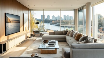 Fototapeta premium Modern living room with city views, interior design, relaxing atmosphere, for home decor inspiration